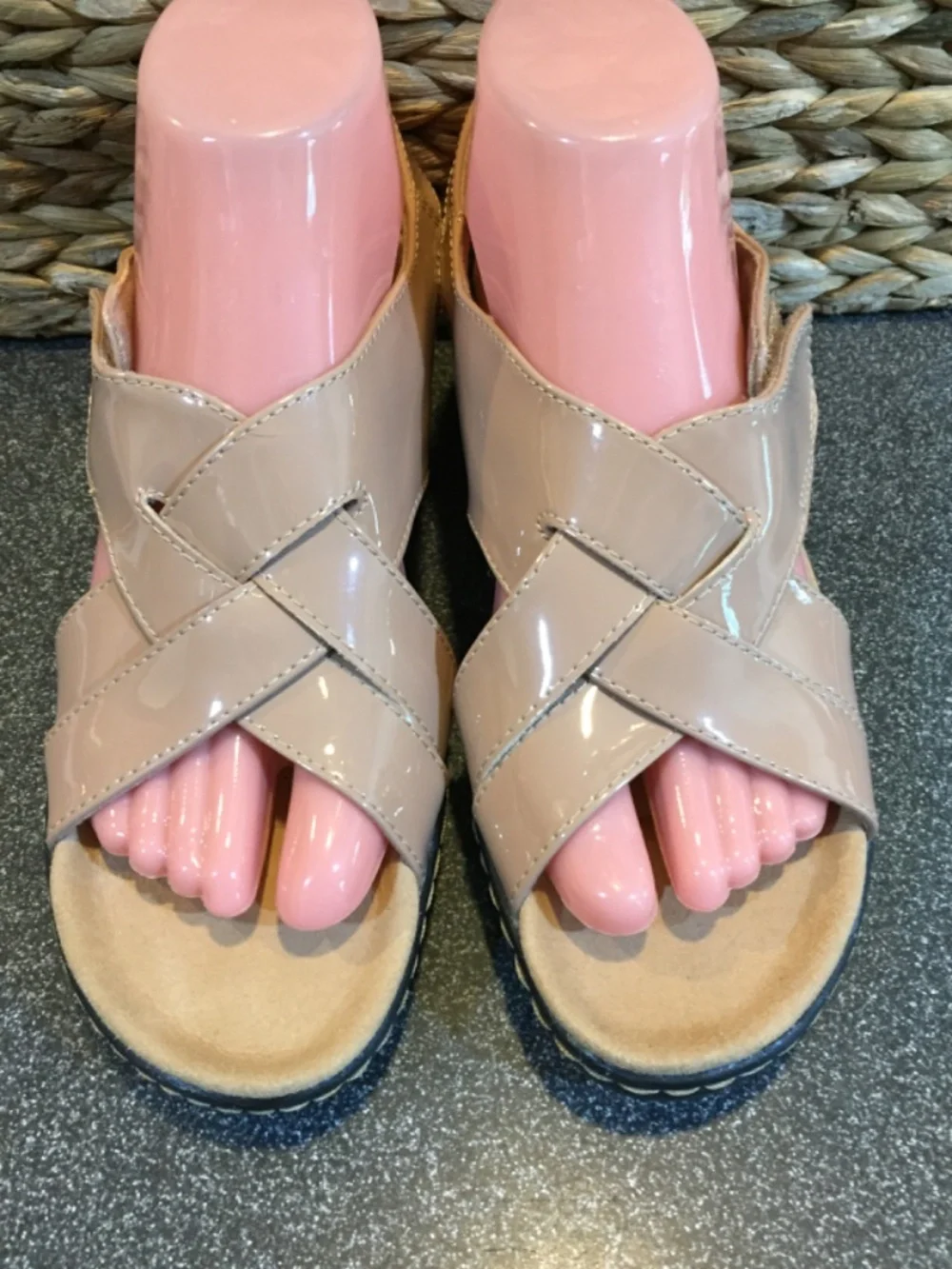 Clarks Patent Leather Crisscross Slide Sandals Tan